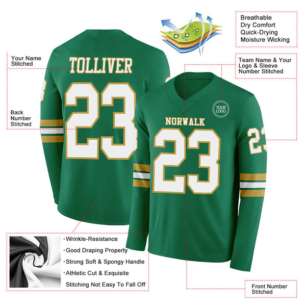 Custom Kelly Green White-Old Gold Long Sleeve Authentic Football Jersey alternate
