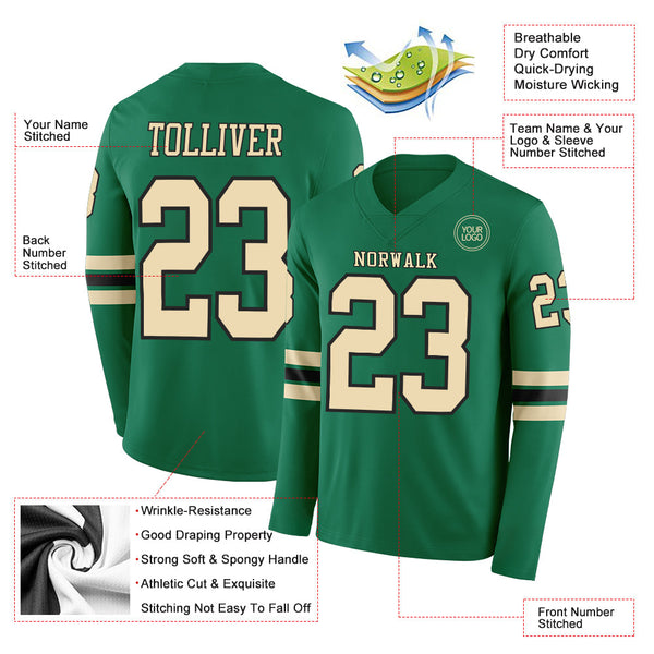 Custom Kelly Green Cream-Black Long Sleeve Authentic Football Jersey alternate