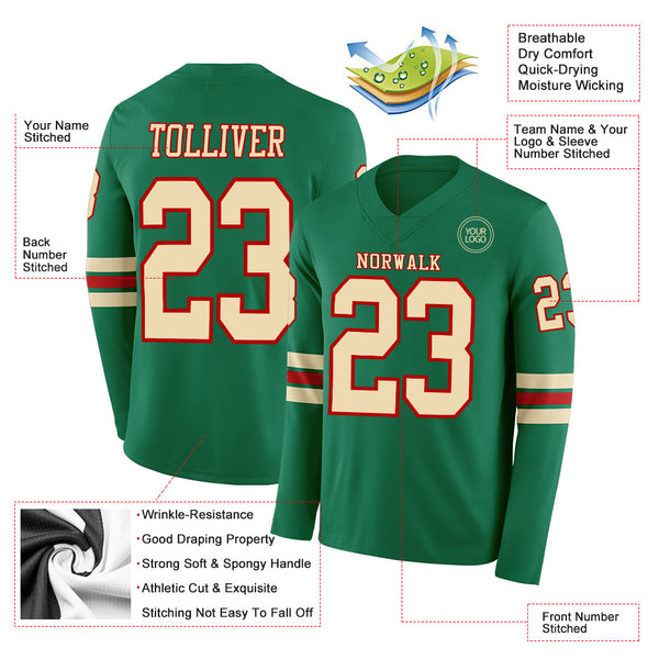 Custom Kelly Green Cream-Red Long Sleeve Authentic Football Jersey alternate