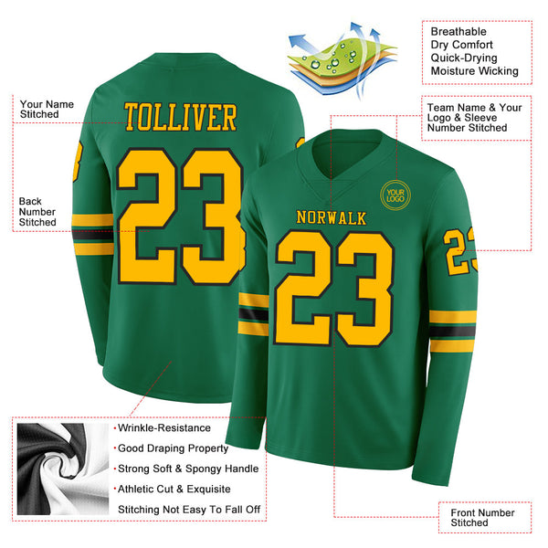 Custom Kelly Green Gold-Black Long Sleeve Authentic Football Jersey alternate