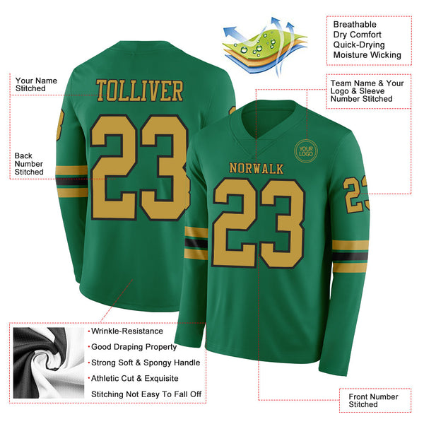 Custom Kelly Green Old Gold-Black Long Sleeve Authentic Football Jersey alternate