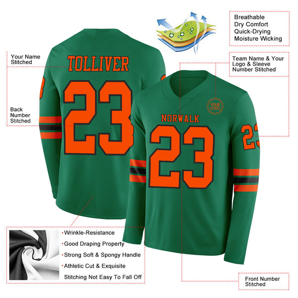 Custom Kelly Green Orange-Black Long Sleeve Authentic Football Jersey alternate