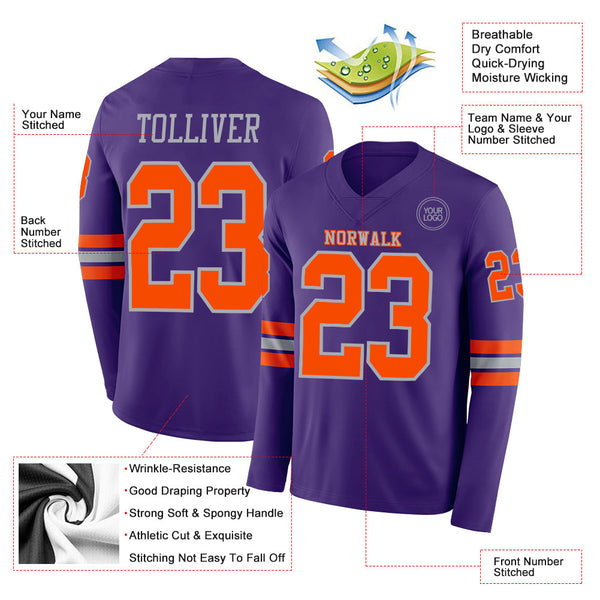 Custom Purple Orange-Gray Long Sleeve Authentic Football Jersey alternate