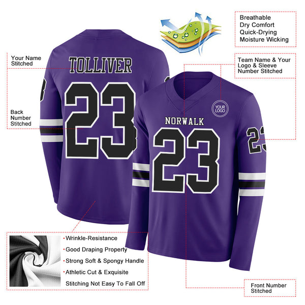 Custom Purple Black-White Long Sleeve Authentic Football Jersey alternate