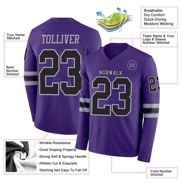 Custom Purple Black-Gray Long Sleeve Authentic Football Jersey alternate