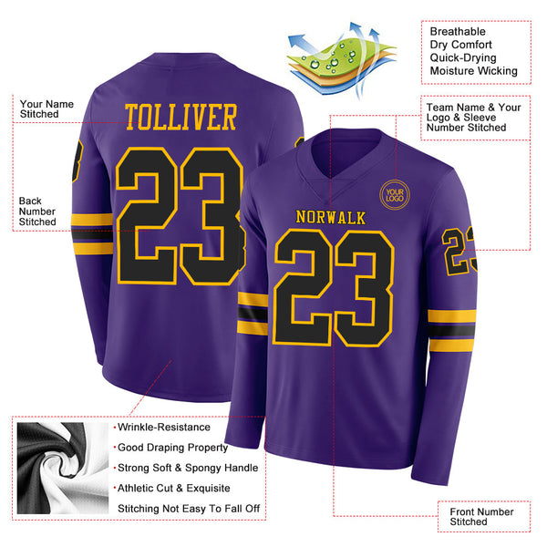 Custom Purple Black-Gold Long Sleeve Authentic Football Jersey alternate