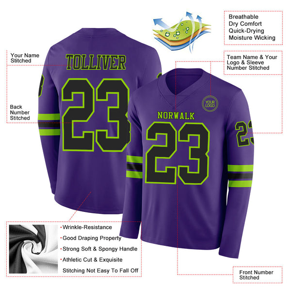 Custom Purple Black-Neon Green Long Sleeve Authentic Football Jersey alternate
