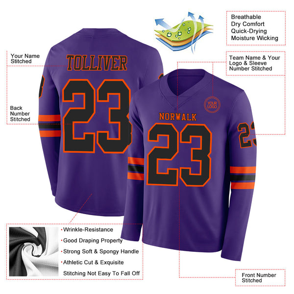 Custom Purple Black-Orange Long Sleeve Authentic Football Jersey alternate
