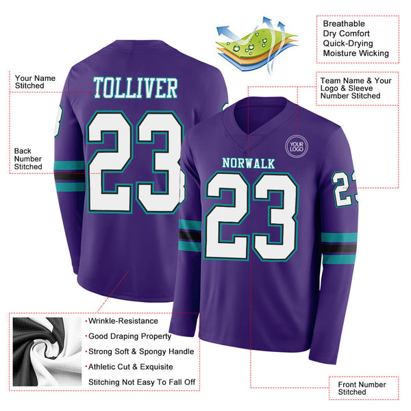Custom Purple White Black-Teal Long Sleeve Authentic Football Jersey alternate