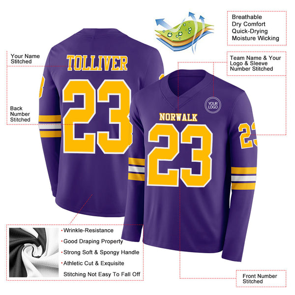 Custom Purple Gold-White Long Sleeve Authentic Football Jersey alternate