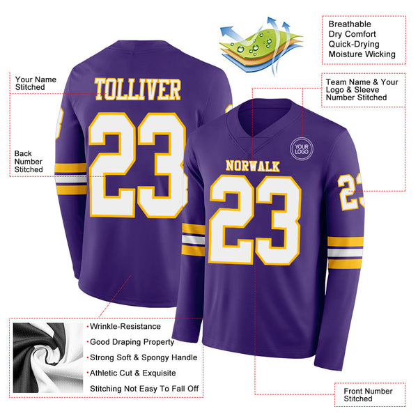 Custom Purple White-Gold Long Sleeve Authentic Football Jersey alternate