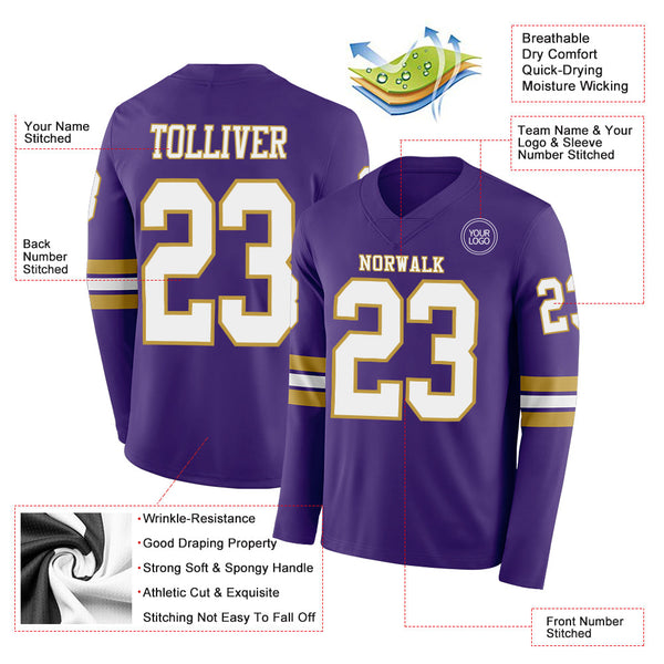 Custom Purple White-Old Gold Long Sleeve Authentic Football Jersey alternate