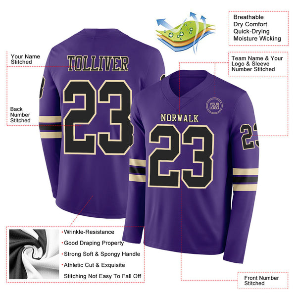 Custom Purple Black-Cream Long Sleeve Authentic Football Jersey alternate