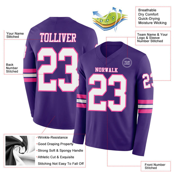 Custom Purple White-Pink Long Sleeve Authentic Football Jersey alternate