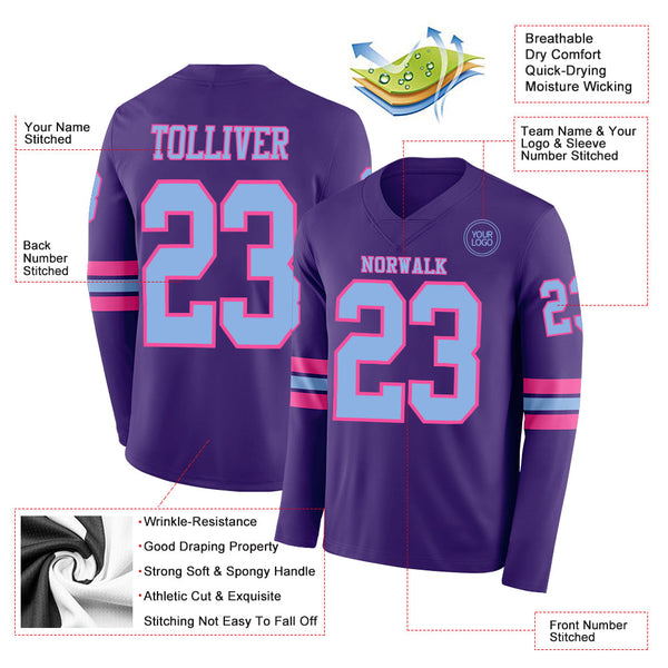 Custom Purple Light Blue-Pink Long Sleeve Authentic Football Jersey alternate