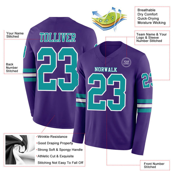 Custom Purple Teal-White Long Sleeve Authentic Football Jersey alternate