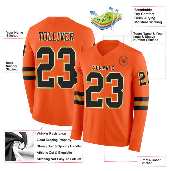 Custom Orange Black Cream-Old Gold Long Sleeve Authentic Football Jersey alternate