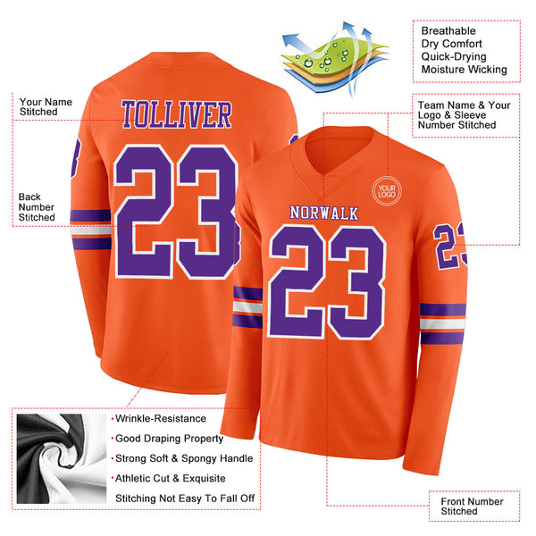 Custom Orange Purple-White Long Sleeve Authentic Football Jersey alternate