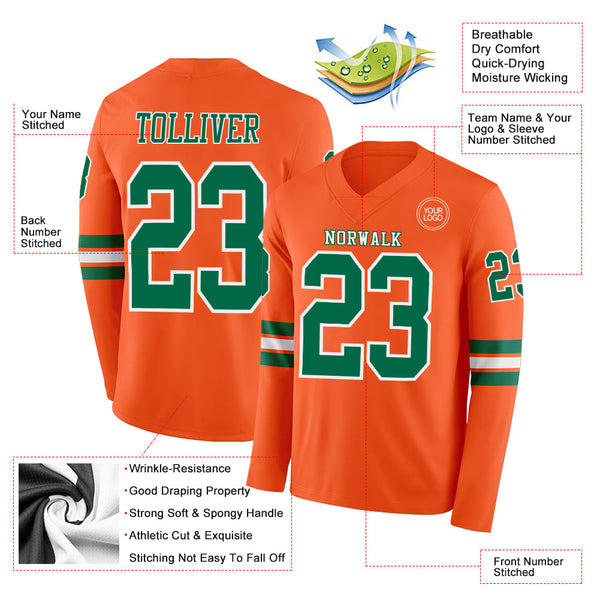 Custom Orange Kelly Green-White Long Sleeve Authentic Football Jersey alternate