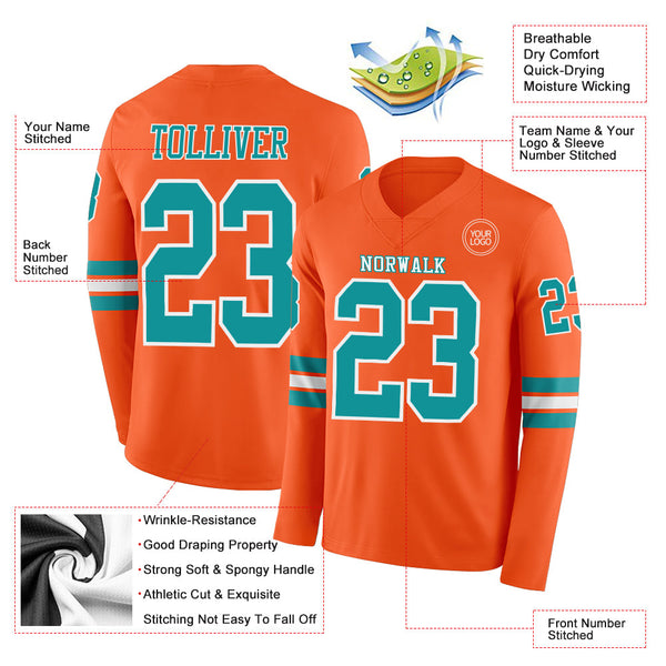 Custom Orange Teal-White Long Sleeve Authentic Football Jersey alternate