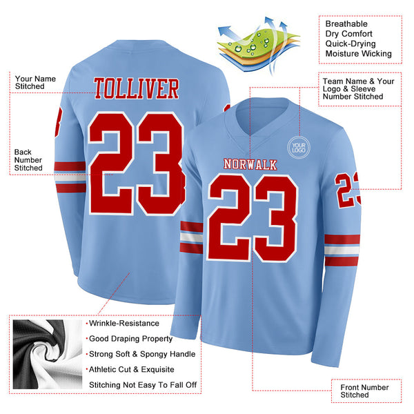 Custom Light Blue Red-White Long Sleeve Authentic Football Jersey alternate