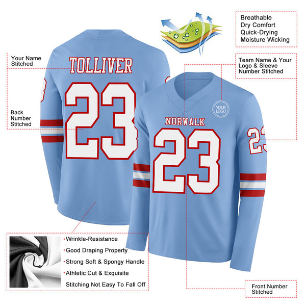 Custom Light Blue White-Red Long Sleeve Authentic Football Jersey alternate