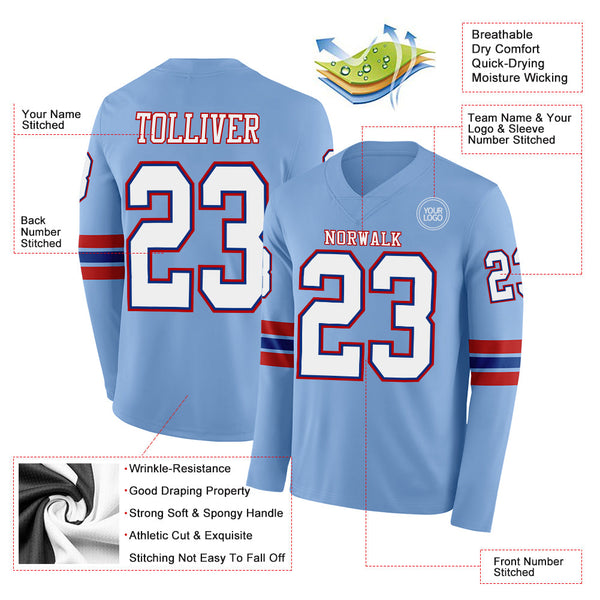 Custom Light Blue White Royal-Red Long Sleeve Authentic Football Jersey alternate