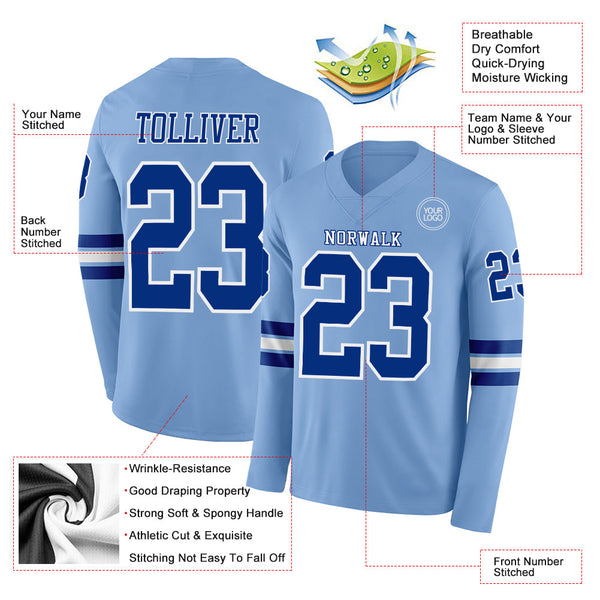 Custom Light Blue Royal-White Long Sleeve Authentic Football Jersey alternate