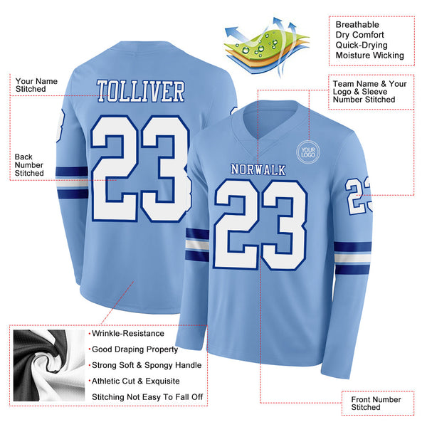 Custom Light Blue White-Royal Long Sleeve Authentic Football Jersey alternate