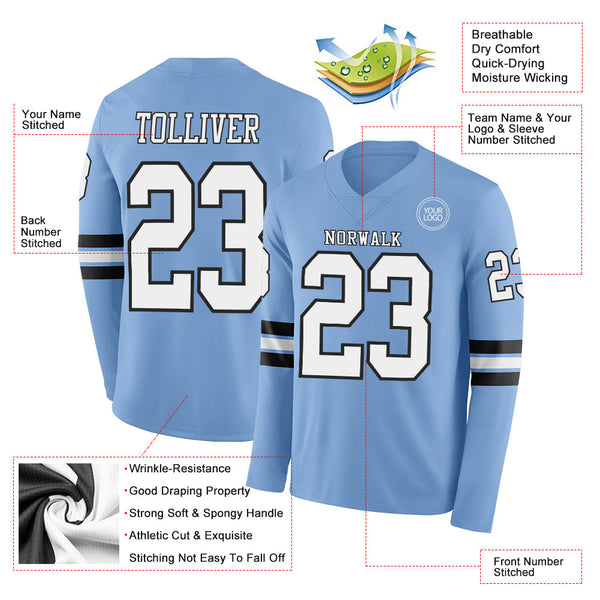 Custom Light Blue White-Black Long Sleeve Authentic Football Jersey alternate