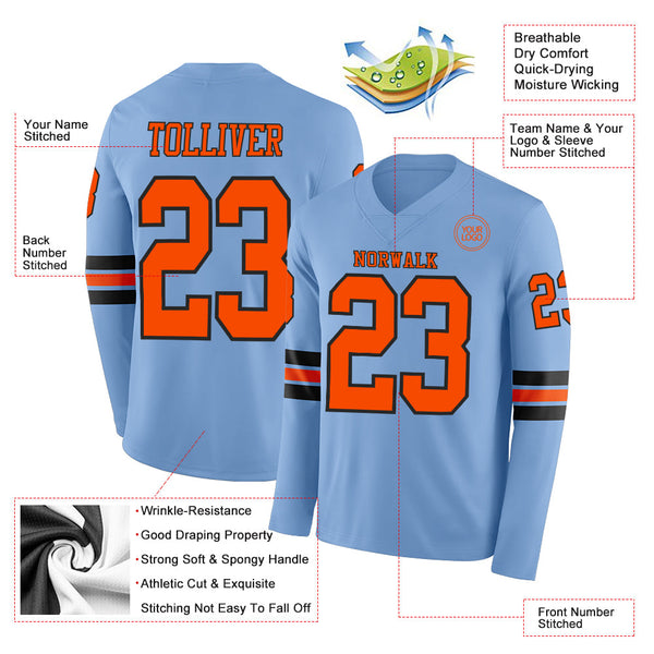 Custom Light Blue Orange-Black Long Sleeve Authentic Football Jersey alternate