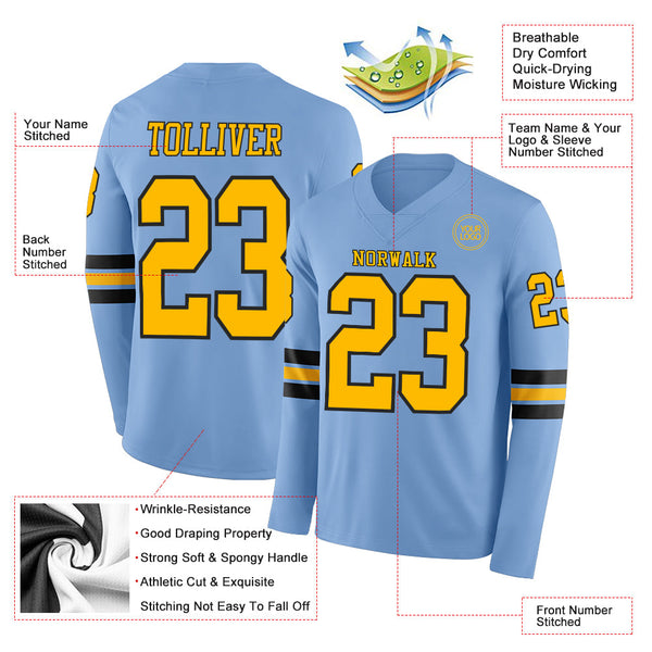 Custom Light Blue Gold-Black Long Sleeve Authentic Football Jersey alternate