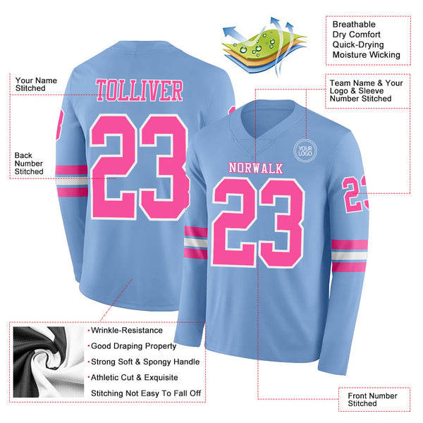 Custom Light Blue Pink-White Long Sleeve Authentic Football Jersey alternate