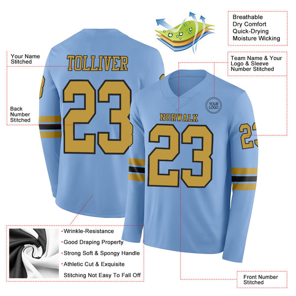 Custom Light Blue Old Gold-Black Long Sleeve Authentic Football Jersey alternate