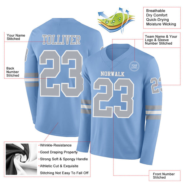 Custom Light Blue Gray-White Long Sleeve Authentic Football Jersey alternate