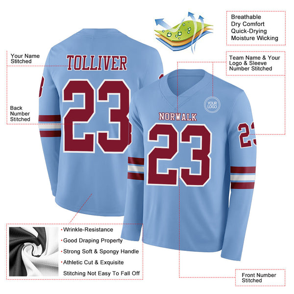 Custom Light Blue Crimson-White Long Sleeve Authentic Football Jersey alternate