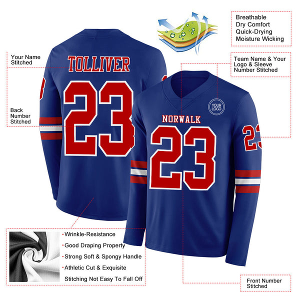 Custom Royal Red-White Long Sleeve Authentic Football Jersey alternate