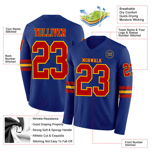 Custom Royal Red-Gold Long Sleeve Authentic Football Jersey alternate