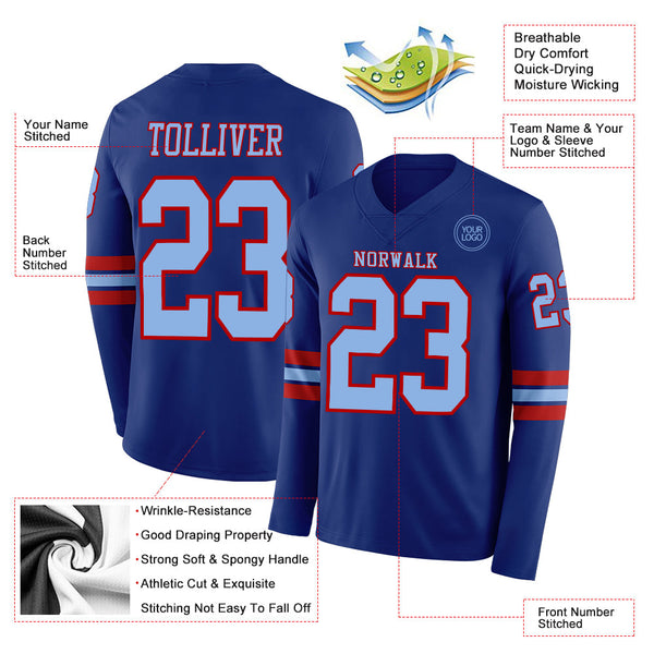 Custom Royal Light Blue-Red Long Sleeve Authentic Football Jersey alternate