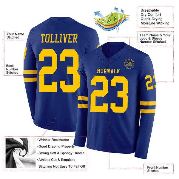 Custom Royal Yellow Long Sleeve Authentic Football Jersey alternate