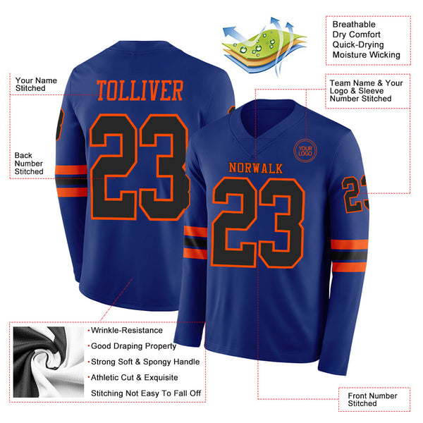 Custom Royal Black-Orange Long Sleeve Authentic Football Jersey alternate