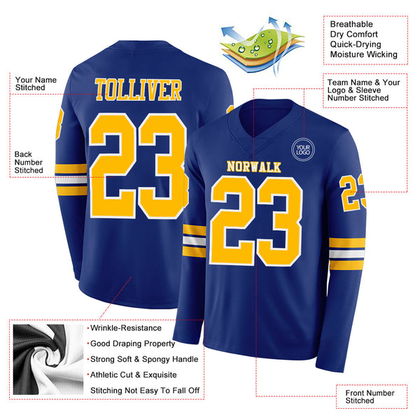 Custom Royal Gold-White Long Sleeve Authentic Football Jersey alternate