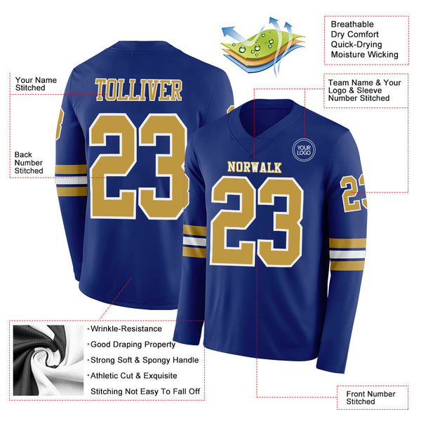 Custom Royal Old Gold-White Long Sleeve Authentic Football Jersey alternate