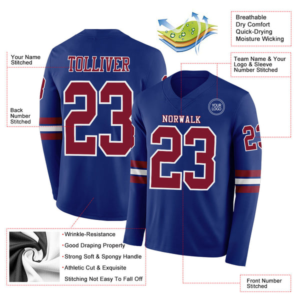 Custom Royal Crimson-White Long Sleeve Authentic Football Jersey alternate