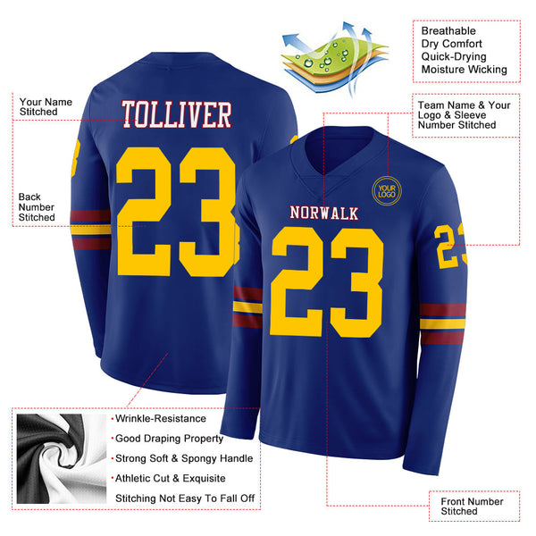 Custom Royal Yellow Crimson-White Long Sleeve Authentic Football Jersey alternate