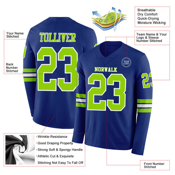 Custom Royal Neon Green-White Long Sleeve Authentic Football Jersey alternate