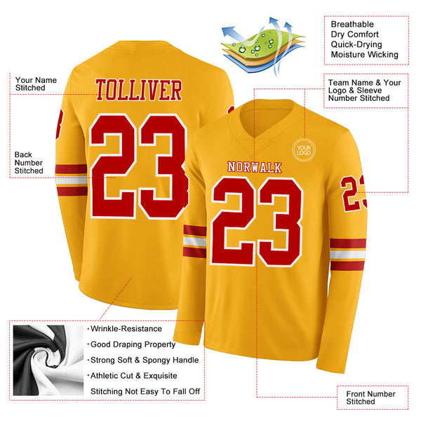 Custom Gold Red-White Long Sleeve Authentic Football Jersey alternate