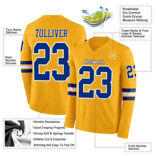 Custom Gold Royal-White Long Sleeve Authentic Football Jersey alternate