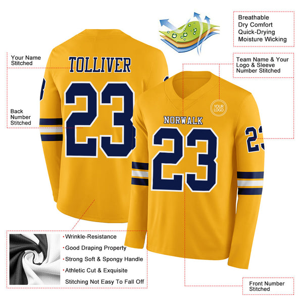 Custom Gold Navy-White Long Sleeve Authentic Football Jersey alternate