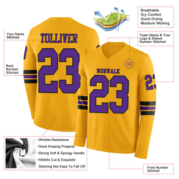 Custom Gold Purple-Black Long Sleeve Authentic Football Jersey alternate